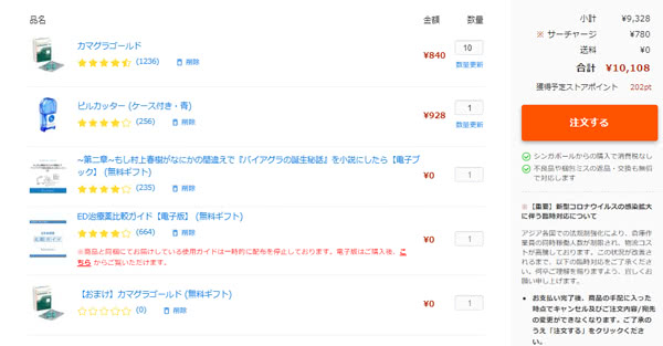ベストケンコーで注文した商品リスト